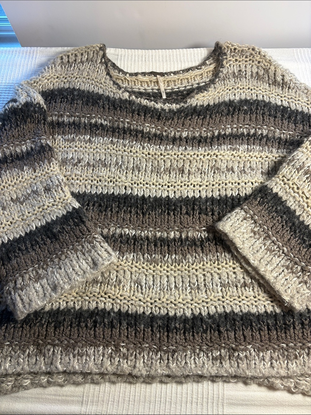 Free People Striped Knit Scoop Neck Sweater in Beige and Gray